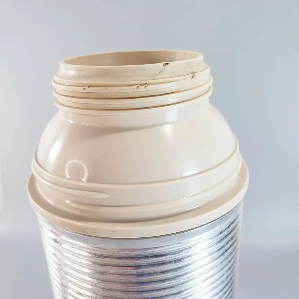 American Thermos Pint Size Ribbed Aluminum Red Cap Glass Insert Travel VTG